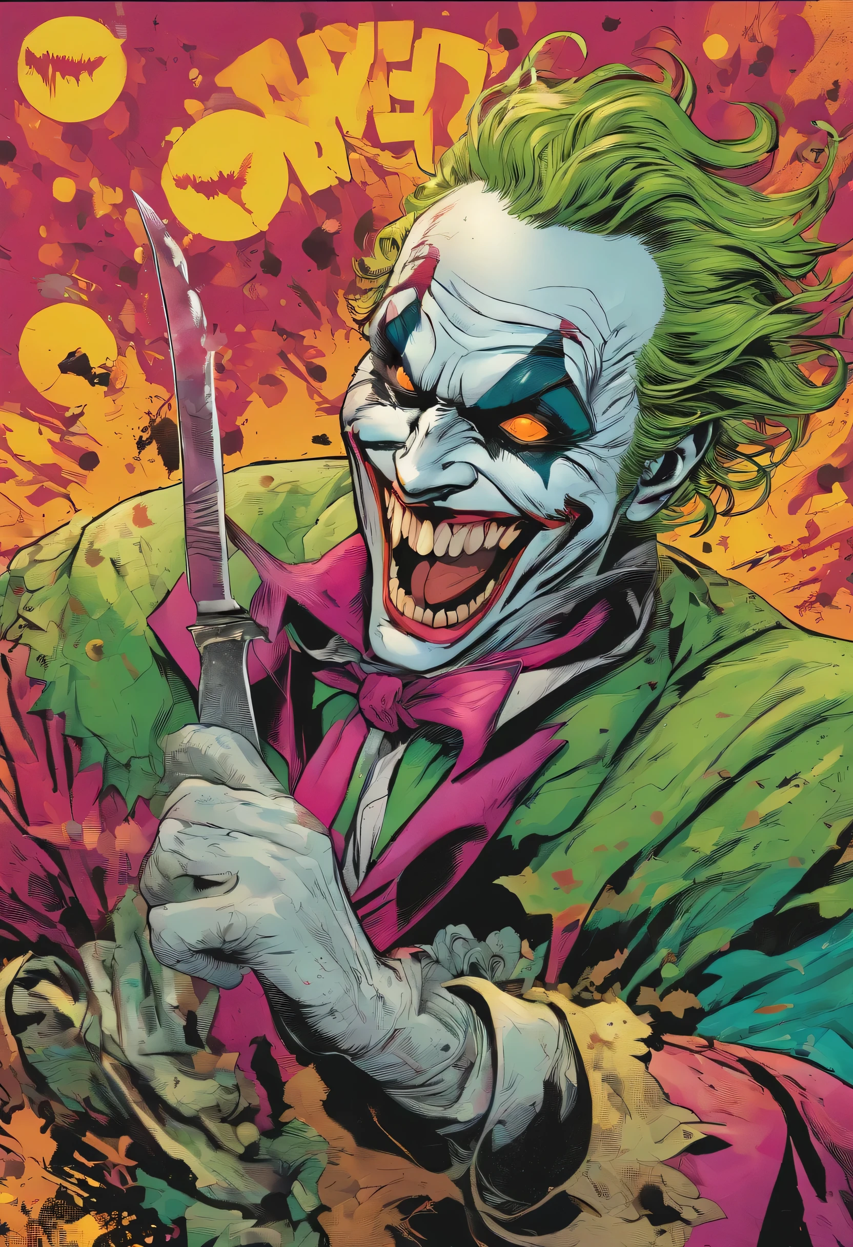 Joker a few meters ahead, invented face disfigured in psychotic laughter. Frown with tongue out. Ripped and torn colorful clothes. One hand holds a curved knife, the other stretched forward in defiance.