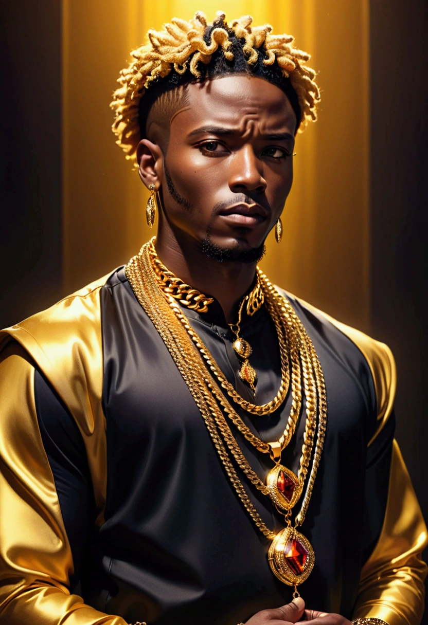 A black man wearing flashy gold Chains, flamboyant clothing, detailed fashion, dramatic pose, dynamic lighting, hyper-realistic, cinematic, striking colors, vibrant, moody, high contrast, Superb composition, elegant and simple background,meditative mood,(masterpiece), best quality,