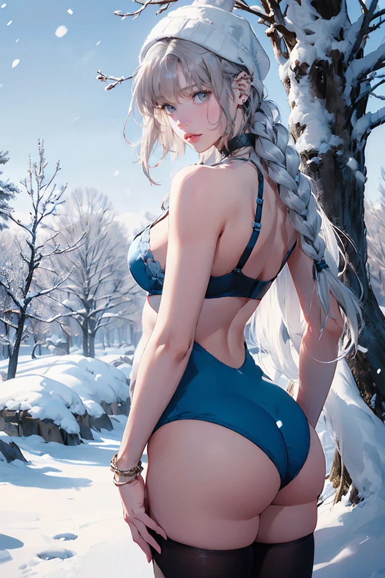 Silver Hair, (Rear View, Rear View),(Highest quality,High resolution,Very detailed,Actual),Target,A world covered in silver, Snow covered branches, toque Chill de invierno, Snowflakes dance like elves, Turning the world into a silver fairy tale, Chill, Quiet and beautiful snow scenery., Cozy and quiet, (Ocean Art 2.1), (Background Frozen white trees Snow falling:1.4) , (Beautiful Blue Eyes、Big stone black eye:1.4) , (Realistic) ,8K high quality, detailed art, Fan Art Best Art Station, Fantasy art style ,(String), (レーザーString), Stockings Bra, Leggings White,Sexy Body,((Mature woman's body)), Browsing Caution