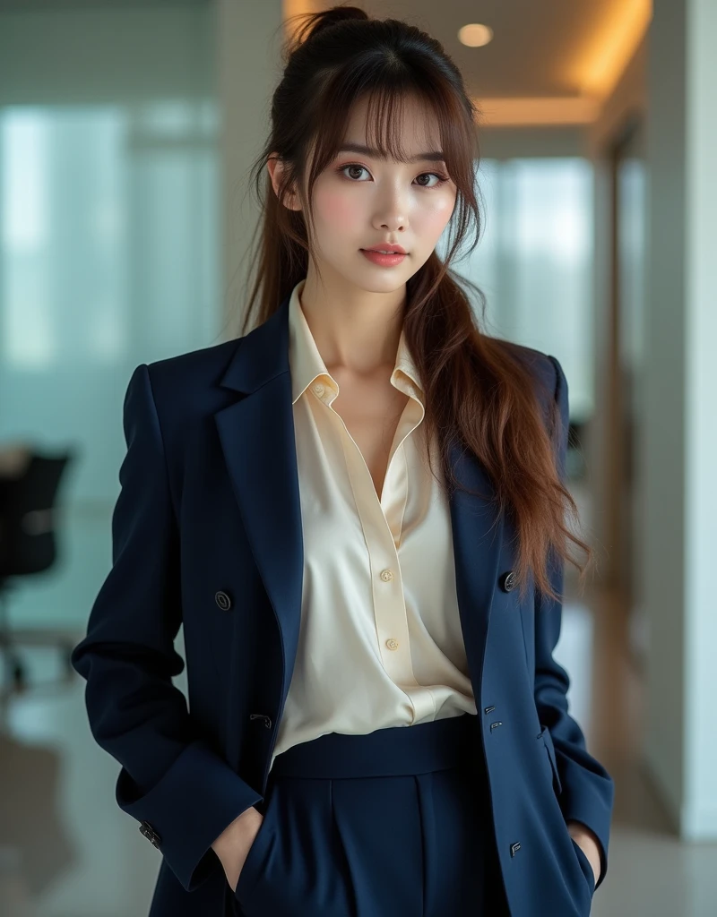 1 girl, 23-year-old Korean woman, very sexy, sensual look, perfect toned body, looking at viewer, pale skin, blue eyes, long flowing brown ponytail with long bangs, ((A sophisticated, navy blue tailored pantsuit with a fitted blazer, high-waisted trousers, and a silk blouse in a soft cream color)), mascara, eye-shadow, beautiful face, intricate details, random standing pose, raylight, CEO Office, clean detailed CEO office in background, (masterpiece, 16k, ultra high details, absurdres, seductive smirk, best quality, accurate, RAW photo, textured skin), wide angle, (professional photograph by Toru Muranishi: 1.5)
(masterpiece, best quality), 1girl, short black hair, 2, sitting at desk, working on laptop, professional attire, focused expression, indoor office setting
