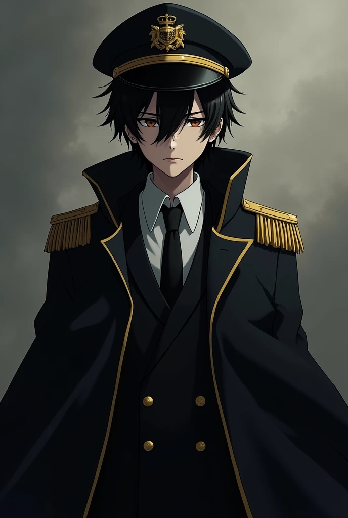 depressed teen captain anime with a black and gold Black Captain Jacket with a white shirt inside and a black tie and gold captain hat the face is covered with shadow and the Black gold Captain's Cloak hanging on the back