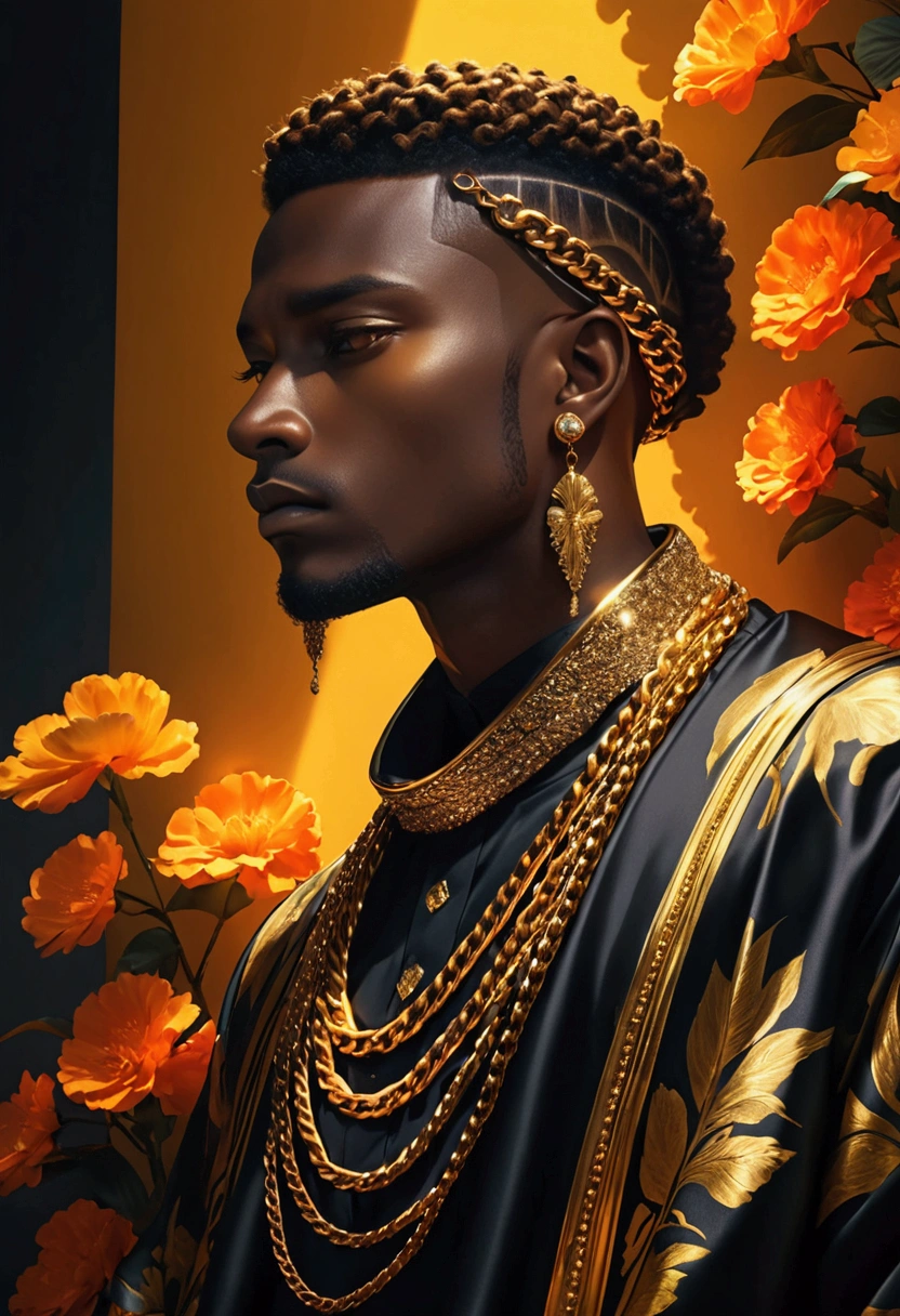 A black man wearing flashy gold Chains, flamboyant clothing, detailed fashion, dramatic pose, dynamic lighting, hyper-realistic, cinematic, striking colors, vibrant, moody, high contrast, Superb composition, elegant and simple background,meditative mood,(masterpiece), best quality,