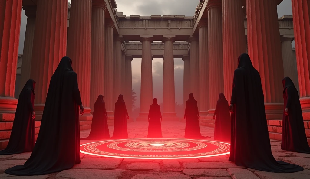 8k、(number々の賞を受賞したmasterpiece、Incredible detail、Texture、Maximum details), (summoning magic),(Parthenon temple (Parthenon) - Greece), (red glowing magic circle)arafed image of a group of people in a church with candles,lit candle, dark cinematic concept art, elegant cinematic fantasy art, photorealistic dark concept art, by Beeple, dark robes, wojtek fus, gothic epic library concept, gothic epic library, epic cinematic concept art, dark concept art, Beeple and mike winkelmann, symmetrical epic fantasy art, High resolution, masterpiece, Highest quality, Intricate details, Very detailed, Clear focus, practical skin texture, texture, Shot with Canon, 85mm, Shallow and deep, Kodak Vision Color, Exactly, Very detailed, photograph_\(Extremist\), photographpractical, practical, Post-processing, Maximum details, Roughness, Real Life, Extremist practical, Photorealism, photographgraphy, 8K Ultra HD, photographgraphy