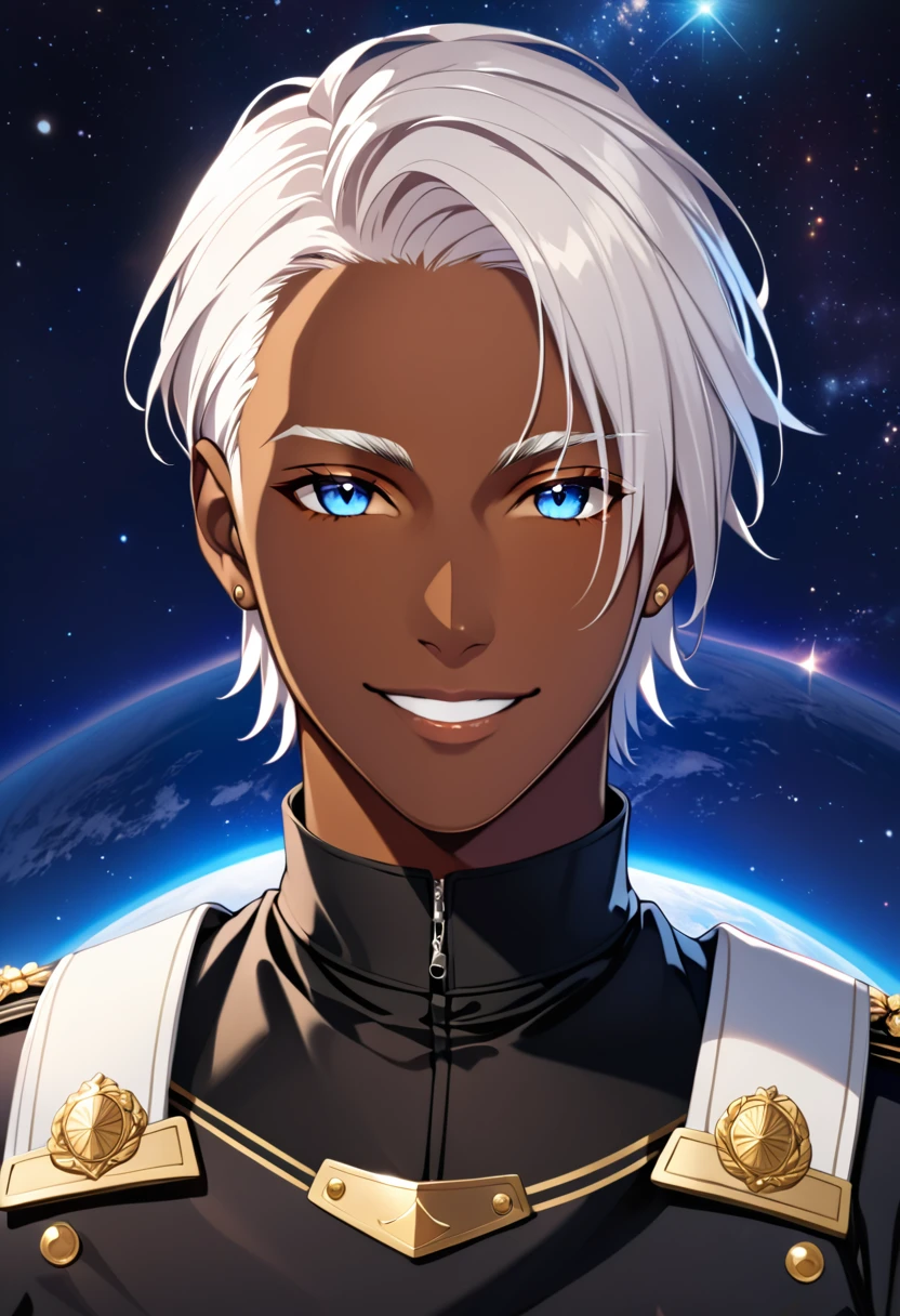 SHORT HAIR, WHITE HAIR, DARK SKIN, COLORED SKIN, DETACHED SLEEVES, Men's black turtleneck fitted shirt, BLACK MILITARY PANTS, BLUE EYES, 1boy, solo, upper body, facing viewer, looking at viewer, smile.