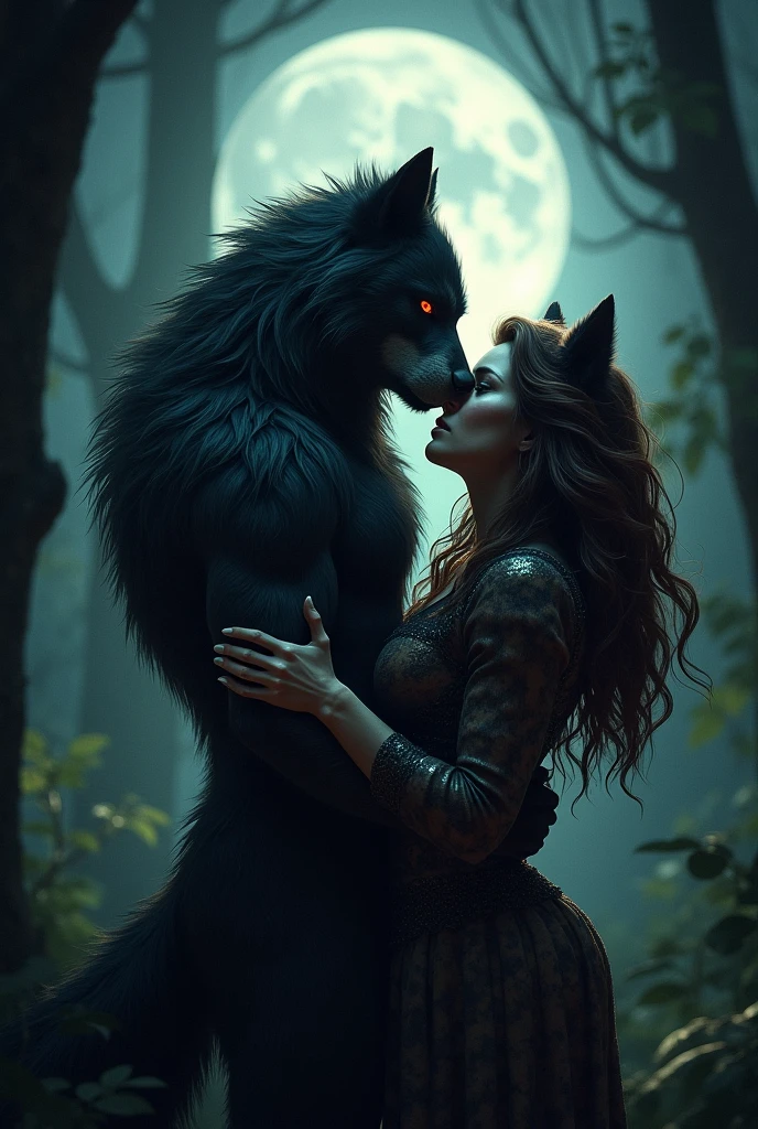 Strong werewolf with black fur and red eyes , and your girlfriend is also a werewolf, , She has a black and dark brown coat and green eyes,  hug each other romantically in the forest at night