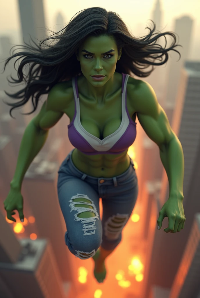 
A beautiful woman with olive green skin all over her body Jeniffer Walters alias She-Hulk long black hair wearing a white and purple sports top and ripped jeans because of her muscles flying over the city skyscrapers and buildings on fire thick legs and arms with muscles

