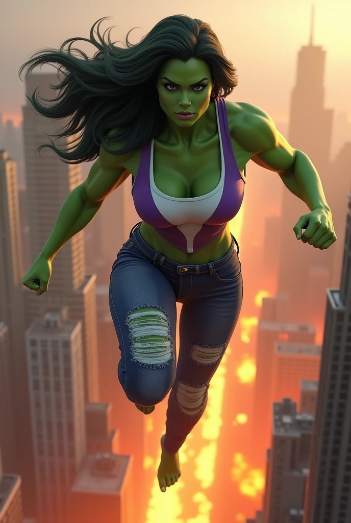 A beautiful woman with olive green skin all over her body Jeniffer Walters alias She-Hulk long black hair wearing a white and purple sports top and ripped jeans because of her muscles flying over the city skyscrapers and buildings on fire thick legs and arms with muscles
