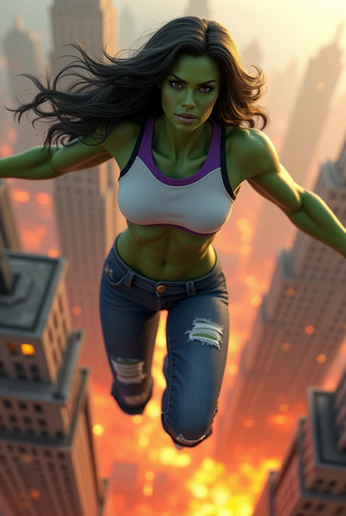 A beautiful woman with olive green skin all over her body Jeniffer Walters alias She-Hulk long black hair wearing a white and purple sports top and ripped jeans because of her muscles flying over the city skyscrapers and buildings on fire thick legs and arms with muscles
