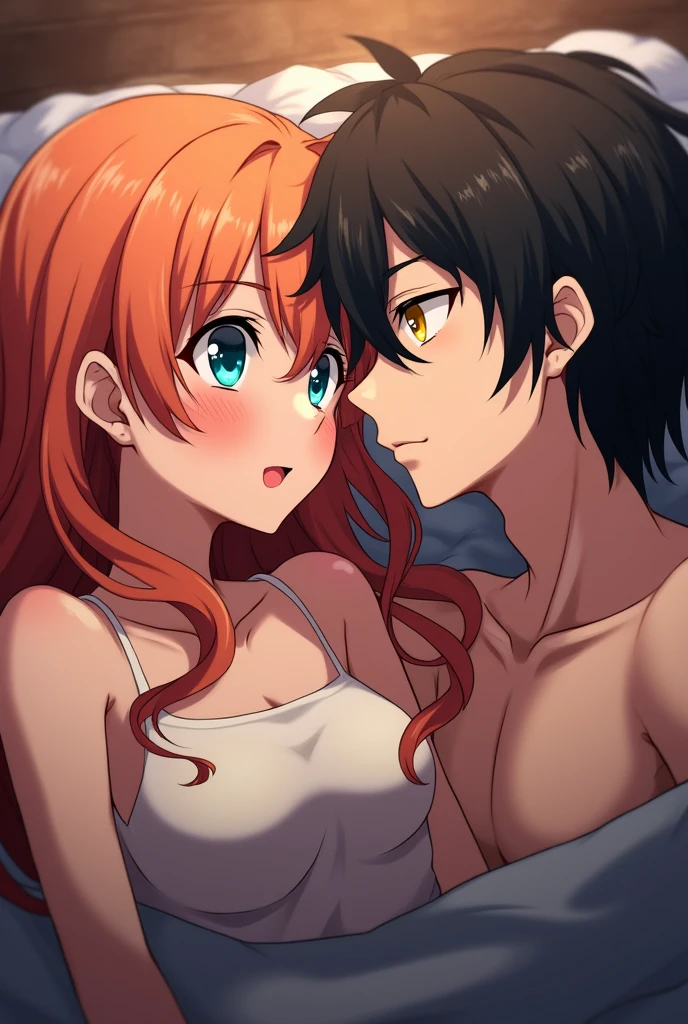 details, anime characters, high definition, porn. A girl with long orange hair, blue eyes, innocent face and a boy with a cold face, slightly messy black hair, yellow eyes, muscular body. The two of them were under the blanket, the girl's expression was blushing shyly and the boy's expression was very seductive. They just finished making love.