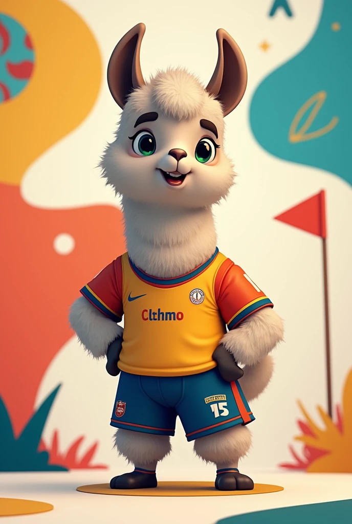Llama Olympic mascot with a slightly small football shirt,full body but small greeting
