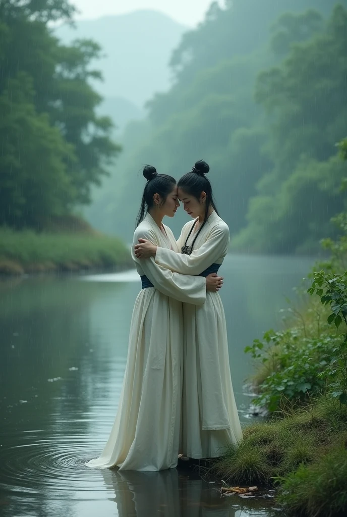 "Personality traits"Ancient Chinese women of the Hanfu period"Very detailed images,,"A wide view shows the details of the vast forest. She is completely soaked..,Wearing a thin white villager's outfit, standing fishing on the riverbank in the rain while the body of a young man in white stands supporting and hugging the woman from behind. Image Creator in Bing|1024 × 1024 jpg|1 minute ago