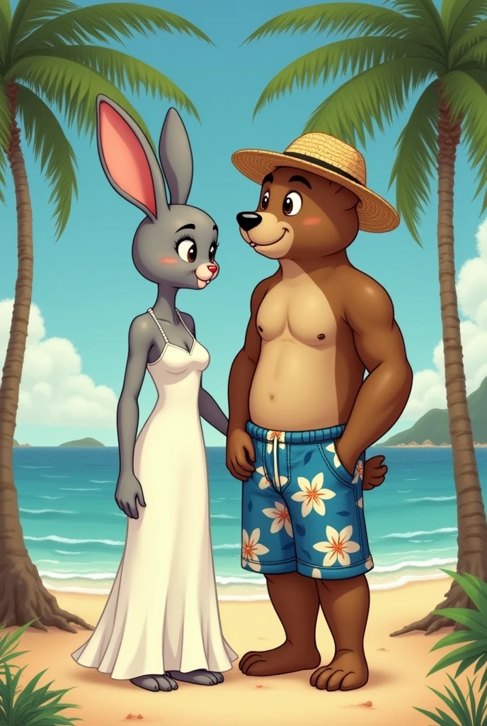 Coneja adoliscente ALTA, cuerpo sexi COLOR GRIS parada CON vistido largp blanco, IN, Ojos marronis claros, EN INN PAISAJE playero, istilo Disney , palms, Coloris cálidos, is. Greg Rutkowski, by Alphonse Mucha. Next to the rabbit is a tall brown bear., slim build with light eyes, pantaloneta color azul con floris, camisa de floris con ropa de playa y sombrero playero. holding hands in a relaxed pose. 
