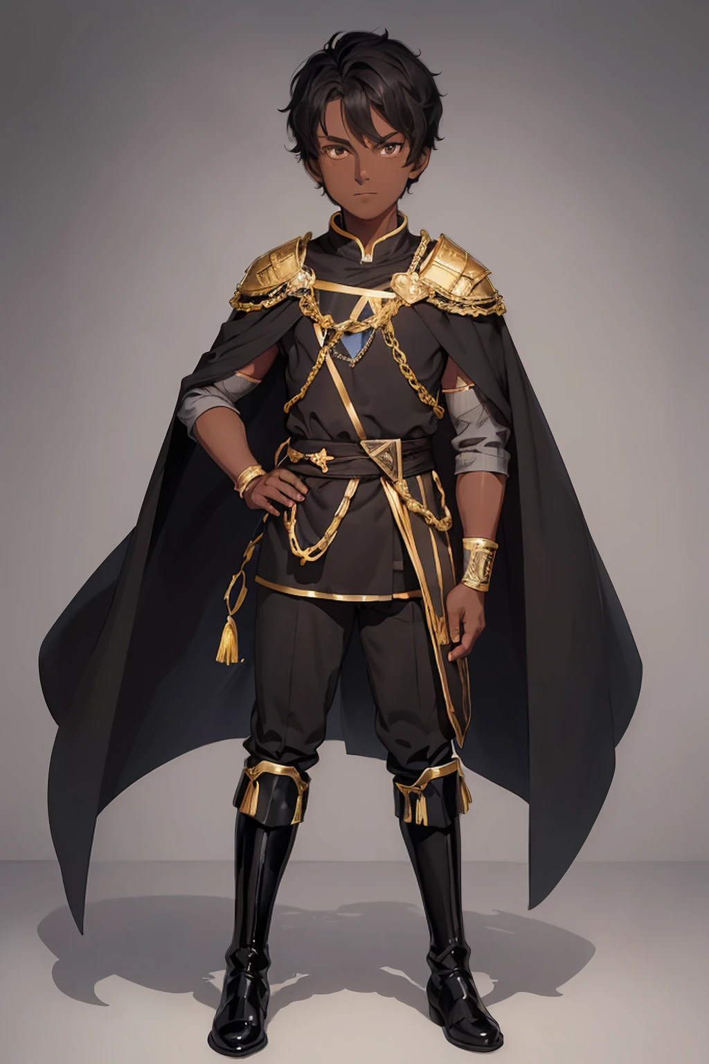 (Boy1),(young),(Full body portrait:1.5),(17 year old teenager),(average physical height),(height 1.80cm),(Dark skin:2.0),(mixed facial caricatures oval face and thick flat nose but a little thin And big mouth but smaller and a little thin),(short curly hair on both sides),(dark brown eyes),(young appearance of a teenager),(Wearing),+,(an 8th century emperor's outfit consisting of a still shiny black cape and black pants with black boots with gold lines and a blouse with black sleeves with gold)