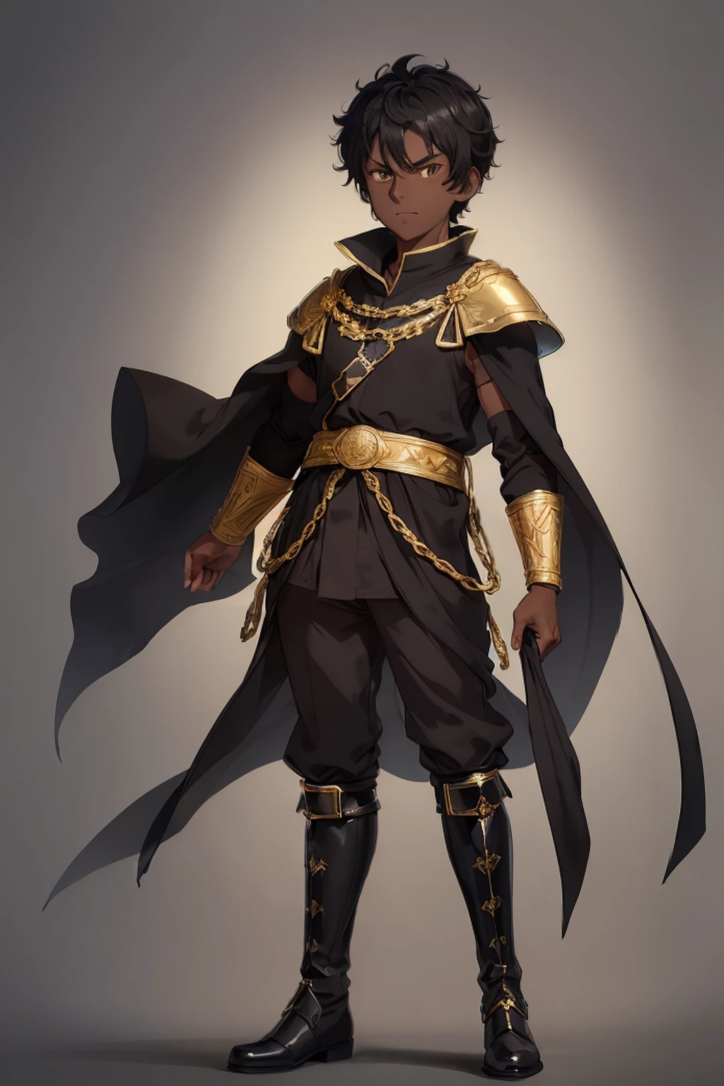 (Boy1),(young),(Full body portrait:1.5),(17 year old ager),(average physical height),(height 1.80cm),(Dark skin:2.0),(mixed facial caricatures oval face and thick flat nose but a little thin And big mouth but smaller and a little thin),(short curly hair on both sides),(dark brown eyes),(young appearance of a teen),(Wearing),+,(an 8th century emperor's outfit consisting of a still shiny black cape and black pants with black boots with gold lines and a blouse with black sleeves with gold)