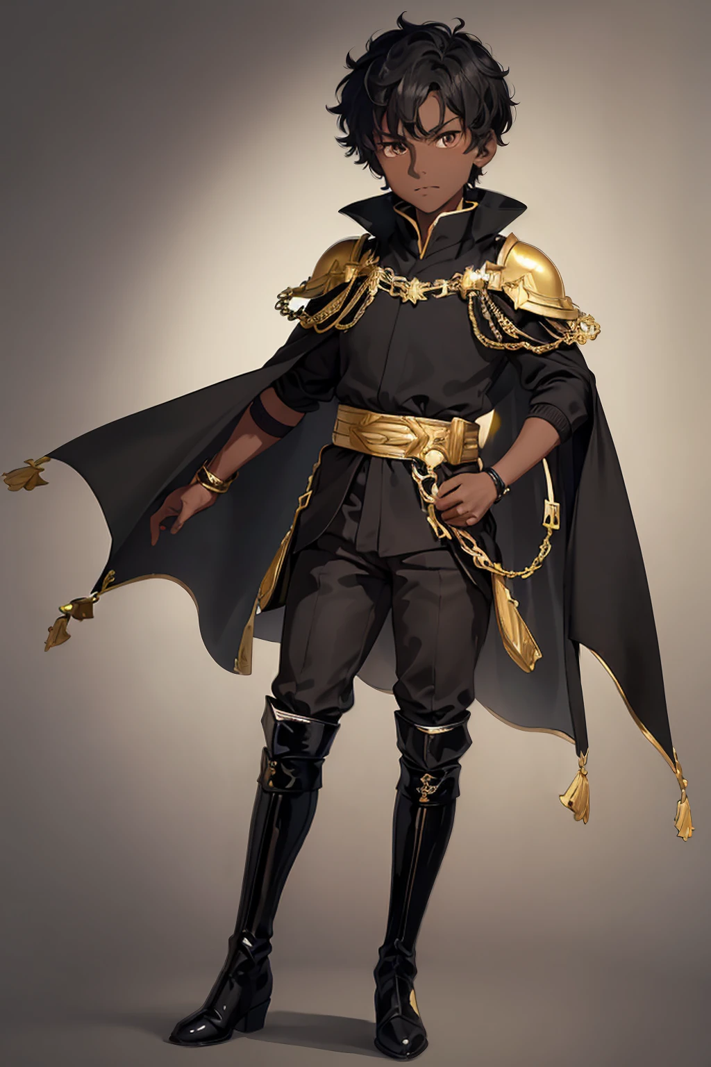 (Boy1),(young),(Full body portrait:1.5),(17 year old teenager),(average physical height),(height 1.80cm),(Dark skin:2.0),(mixed facial caricatures oval face and thick flat nose but a little thin And big mouth but smaller and a little thin),(short curly hair on both sides),(dark brown eyes),(young appearance of a teenager),(Wearing),+,(an 8th century emperor's outfit consisting of a still shiny black cape and black pants with black boots with gold lines and a blouse with black sleeves with gold)