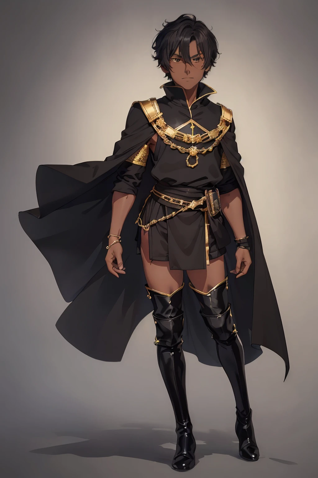 (Boy1),(young),(Full body portrait:1.5),(17 year old teenager),(average physical height),(height 1.80cm),(Dark skin:2.0),(mixed facial caricatures oval face and thick flat nose but a little thin And big mouth but smaller and a little thin),(short curly hair on both sides),(dark brown eyes),(young appearance of a teenager),(Wearing),+,(an 8th century emperor's outfit consisting of a still shiny black cape and black pants with black boots with gold lines and a blouse with black sleeves with gold)