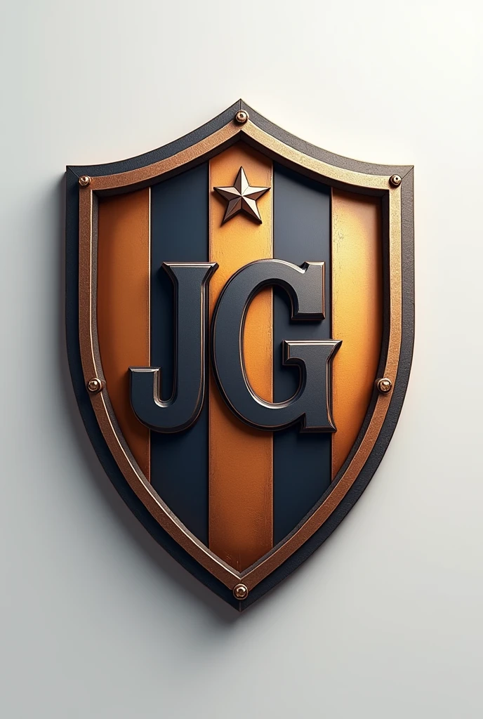 Can you create a football shield for me with 3 stripes inside it that are light blue, white and green that has the initials JG and has a star above it and is realistic?