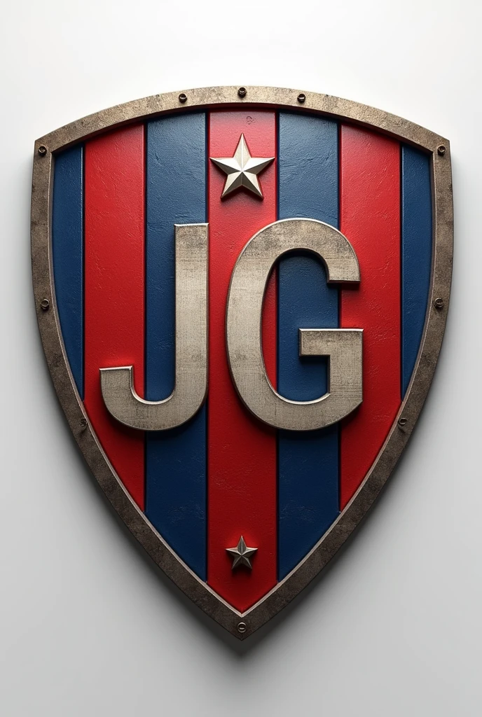 Can you create a football shield for me with 3 stripes inside it that are light blue, white and green that has the initials JG and has a star above it and is realistic?