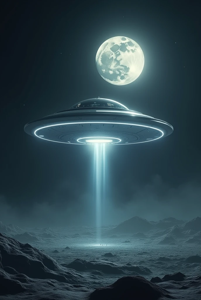 Draw a UFO flying over the moon。
