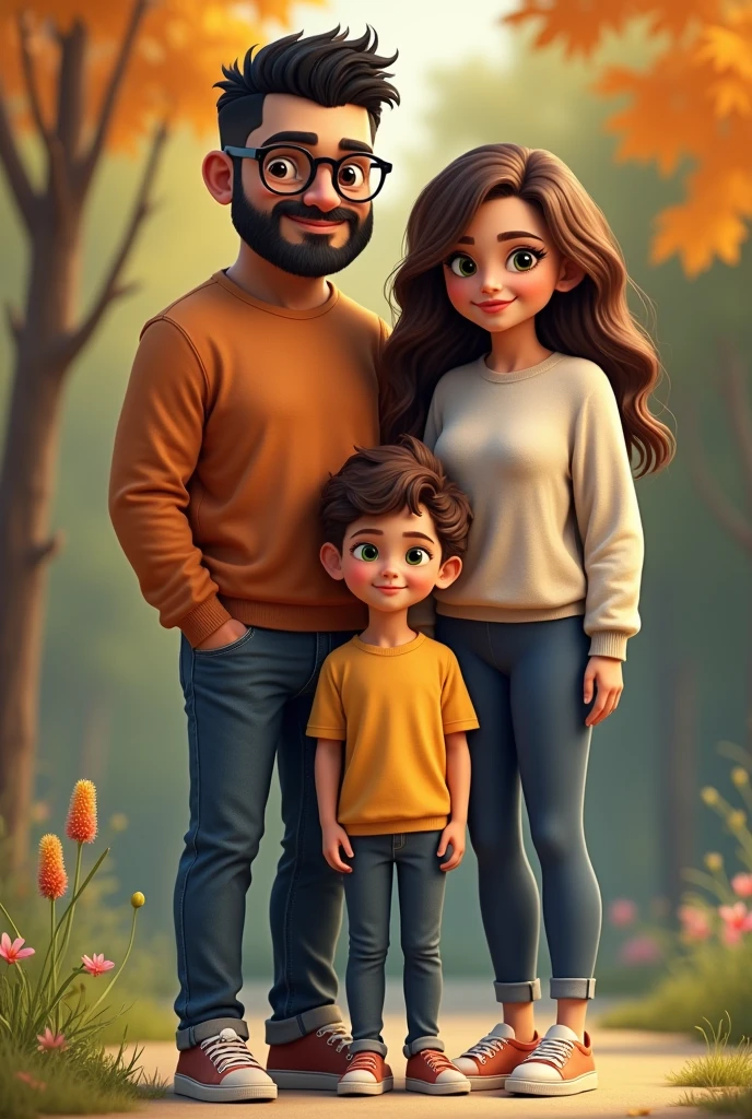 Create a realistic image of a family of four
1. **Dad**:
- Peruvian appearance
- Black hair with an undercut hairstyle
- Beard
- Larger expressive eyes (but with glasses)
- Brown eyes
2. **Mom**:
- Finnish appearance
- Light brown hair
- Green almond-shaped eyes
- Narrow waist, wider hips
- Taller stature
- Dressed in modern clothing, specifically blue leggings and sneakers
- Thicker pink lips
3. **Daughter (Aurelia)**:
- Long, wavy hair
- Brown eyes
- 11 years
4. **Son (Lucio)**:
- Curly hair
- Brown eyes
-4 years