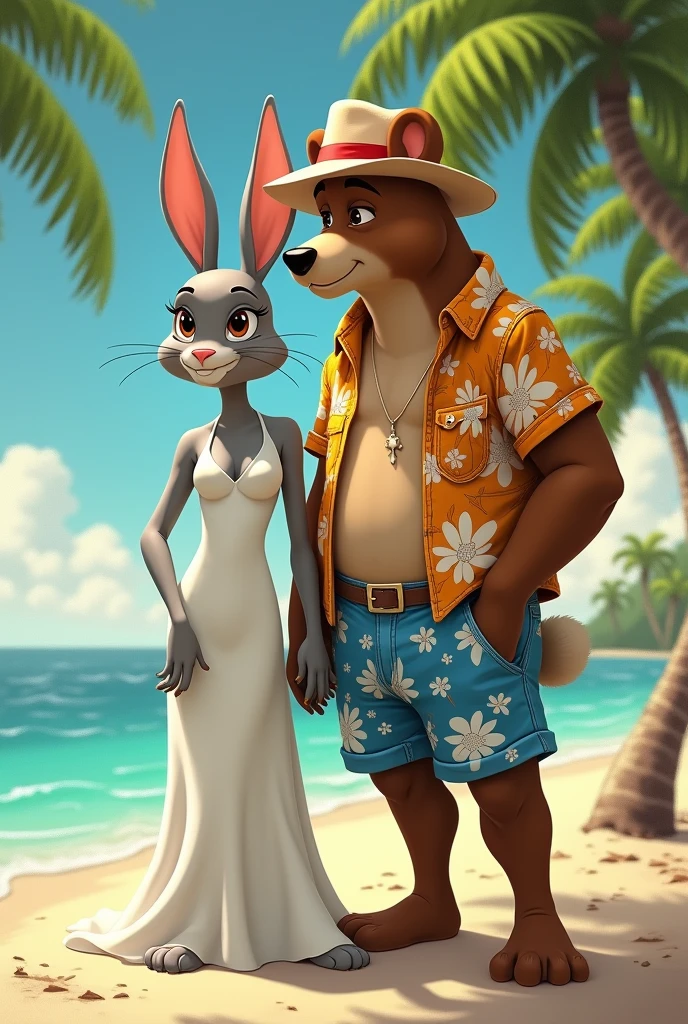 Coneja adoliscente ALTA, cuerpo sexi COLOR GRIS parada CON vistido largp blanco, IN, Ojos marronis claros, EN INN PAISAJE playero, istilo Disney , palms, Coloris cálidos, is. Greg Rutkowski, by Alphonse Mucha. Next to the rabbit is a tall brown bear., slim build with light eyes, pantaloneta color azul con floris, camisa de floris con ropa de playa y sombrero playero. holding hands in a relaxed pose.