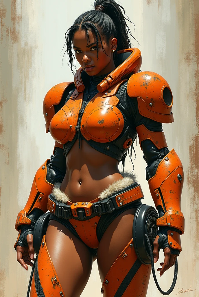 A beautifully detailed painting inspired by classic fantasy artists like Frank Frazetta, Julie Bell, Boris Vallejo, and Brom. An curvy black woman with short black dreadlocks pulled back into a pony tail, wide hips and thick thighs, she is very pretty with a youthful appearance. She wears heavy, orange mechanical power armor covering her chest and arms with large round shoulder pads, accented in fur and rags. The orange paint on the armor is chipped and scratched in various places. The chest plate is thick, covering her upper chest with a high collar and detailed with hoses and vents on the surface. The armor is intricately designed with visible wires, gears, and cables connecting the shoulder pads to the armored gloves, creating a striking contrast against the fur trim on her lower body. She wears a fur loincloth around her waist with bare hips, thick, powerful muscular thighs, and legs, blending primal and high-tech elements. Her well-toned abdomen and full, curvy figure emphasize her strength and presence.