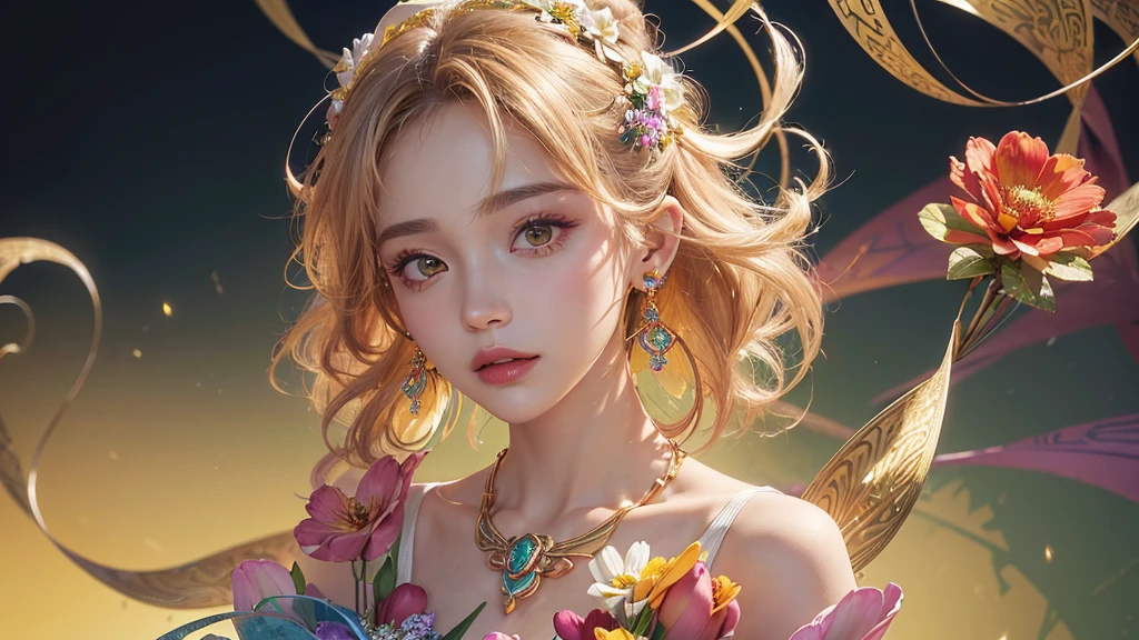 32K, 最高quality, 最高masterpiece, (ultra-Detailed Background, Detailed Background), High resolution, Super detailed, Very detailedな, 1 personの, (bouquet:1.3), (Tangled:1.2), (Geometric:1.2),(colorful),(masterpiece, quality, best quality, Official Art, Beautiful and beautiful:1.2), (1 person:1.3), Very detailed,(colorful:1.1)(Flowers:1.3),Most detailed,(Tangled:1.2), whole body, (Abstract background:1.3), (Skin glows), (Many colors:1.4), ,(Earrings Jewelry:1.5), Pale yellow background, It's imaginative., Milk tea colored hair, Updo,