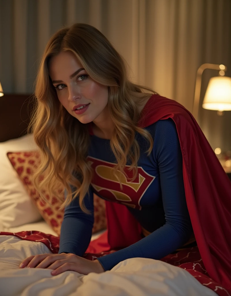 MELIISSA BENOIST AS SUPERGIRL IN HER SUPERGIRL COSTUME AND CAPE LEANING OVER HER BED GETTING SPANKED ON HER ASS BY LENA LUTHER.