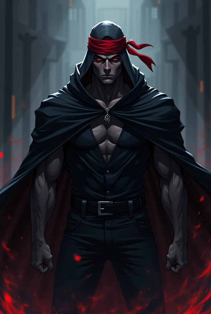 Anime villian with a little buff body, a dark cloak, dark cloathes, dark aura and a red bandanna