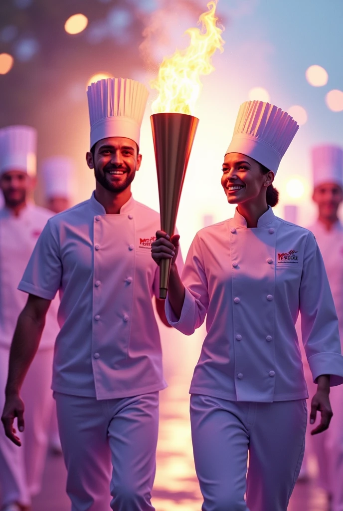 Male and female chefs with an Olympic theme carrying the Olympic torch in purple and white and saying on the cover: Good luck to the kitchen athletes 2024