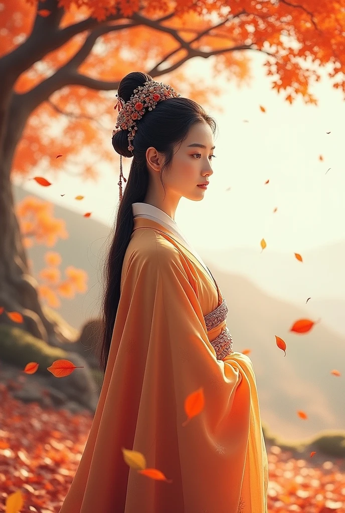 A beautiful Korean woman dressed as a shrine maiden with autumn leaves in the background Clear skies
