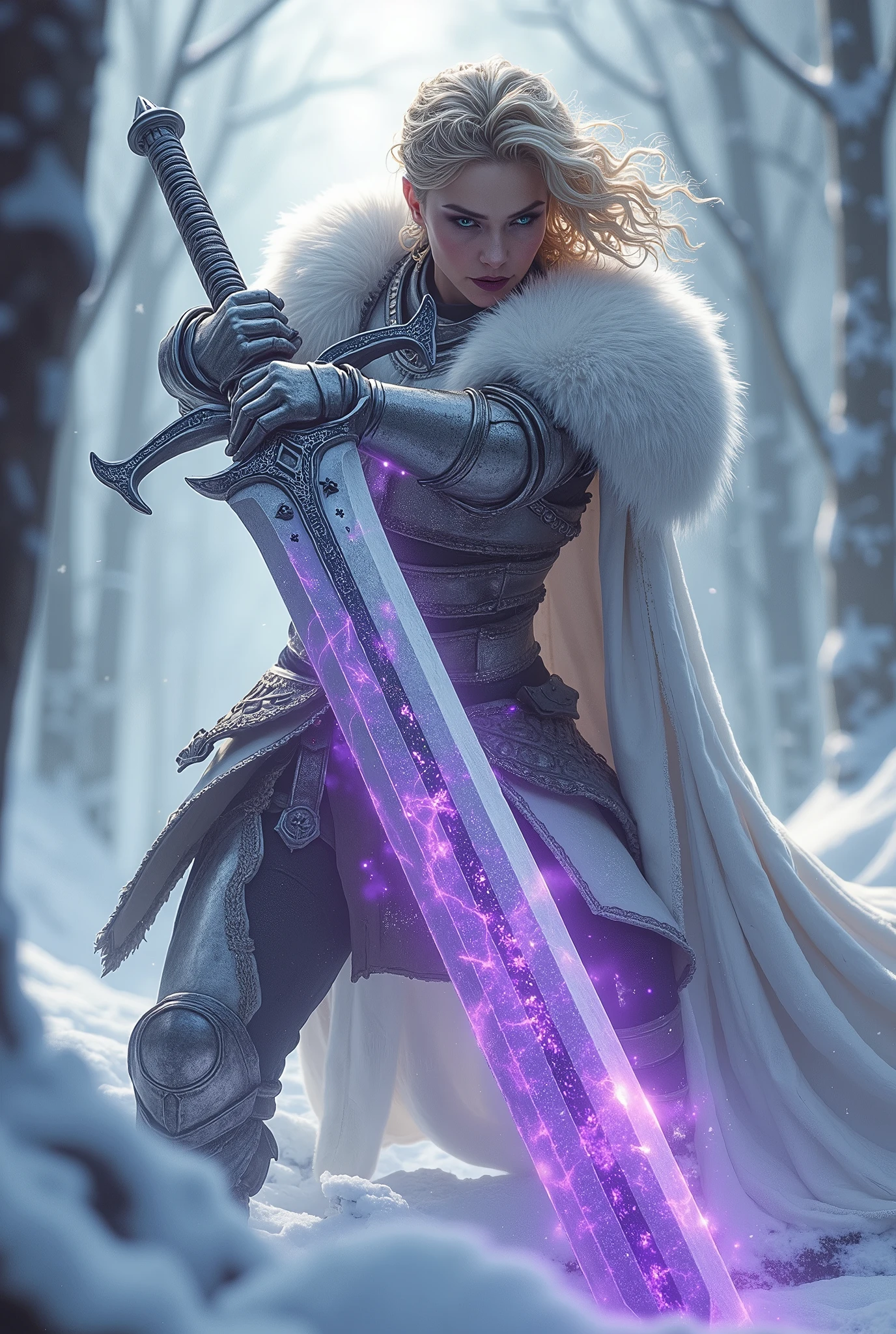 ((upper torso, armored female barbarian savage, battle worn white lacquered gloss armor:1.6, fur, white cloak, ((((supermodel, triangularface, pointed chin)), short curly [bright blonde hair:tan hair:0.7], black lips))), iceblue eyes, blackout eyeshadow, iron tiara), braids, massive glowing purple rune engraved sword, windy, outdoor frozen snow snowy forest, dynamic battle pose, lunging, side view
