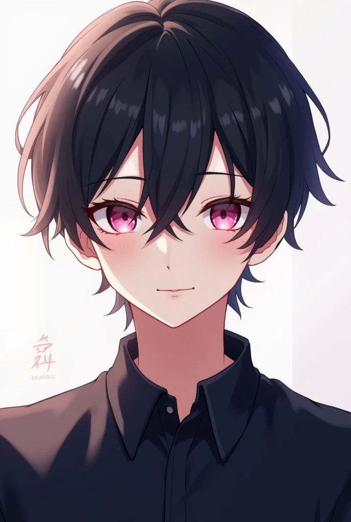 Create a Young Male, dark haired and pink eyed, with a calm expression. He's wearing a dark shirt. His hair has bangs parted in the middle.. Make it in 2D anime style drawing