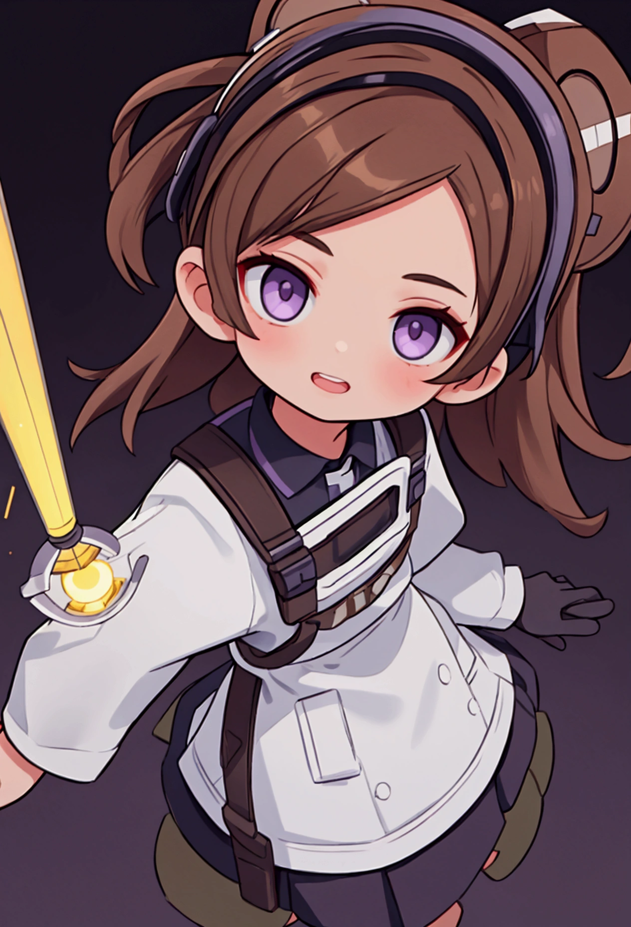 Female, brown hair, wearing orthodontic headgear, wearing braces. Showing teeth/wearing braces. Looking down at you from a low angle. dark background. Doctor attire. Holding scalpel and small mouth mirror. Wearing orthodonic gloves. Wears braces headgear. Long brown hair over shoulders. Dark purple and black lighting. Best Quality, high res, masterpiece. 