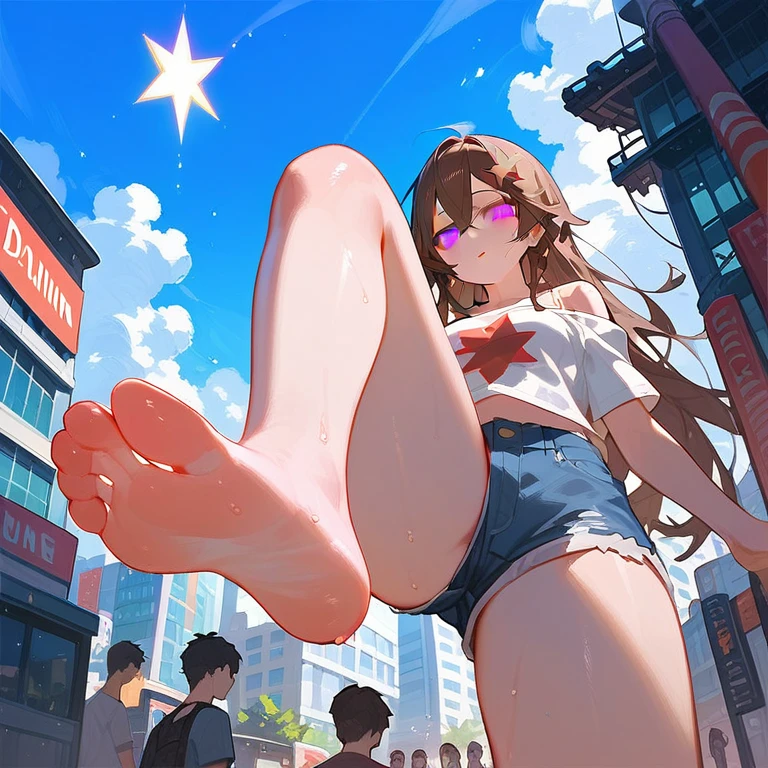 in the city,outdoor,A woman shows the soles of her feet,Low Angle,One-leg stand,Female Giant,There are many buildings around,Denim shorts,There are bangs between the eyes,White off-the-shoulder T-shirt,Long hair,Brown hair,Anatomically correct, Five-pointed star on hair,Sweating on the soles of the feet,Perfect feet,Pink Eyes,There are many little people under the woman's feet'The little man showed a horrified expression,