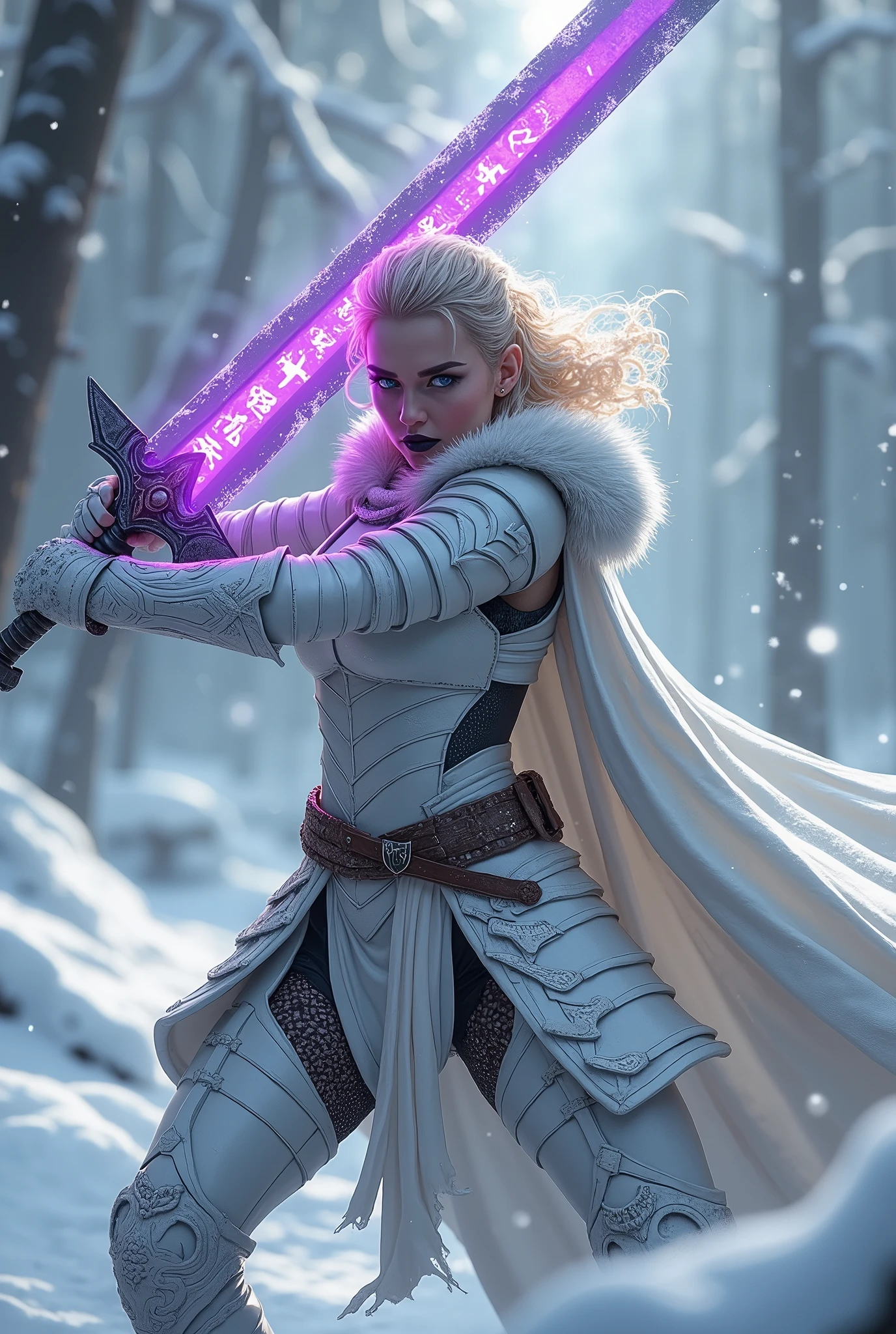 ((upper torso, armored female barbarian savage, battle worn white lacquered gloss armor:1.6, fur, white cloak, ((((supermodel, triangularface, pointed chin)), short curly [bright blonde hair:tan hair:0.7], black lips))), iceblue eyes, blackout eyeshadow, iron tiara), braids, massive glowing purple rune engraved sword, windy, outdoor frozen snow snowy forest, dynamic battle pose, lunging, side view
