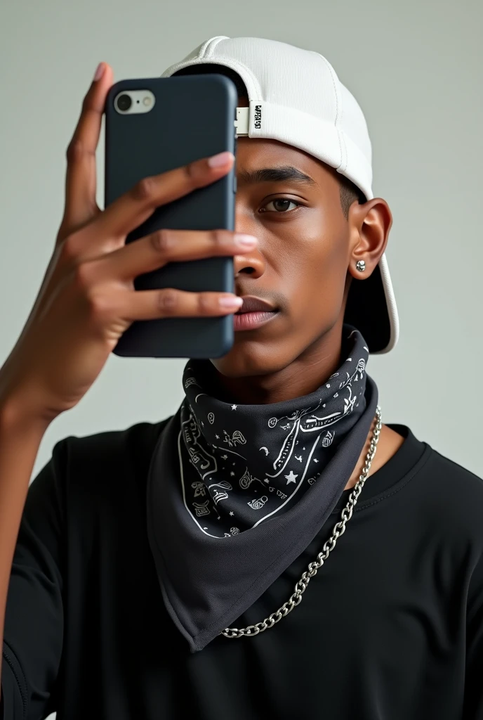Realistic image of an 18-year-old taking a selfie with a cell phone, black shirt, silver chain, all white backwards cap, big black bandana around throat. shaven hair, and the cell phone covering the face.