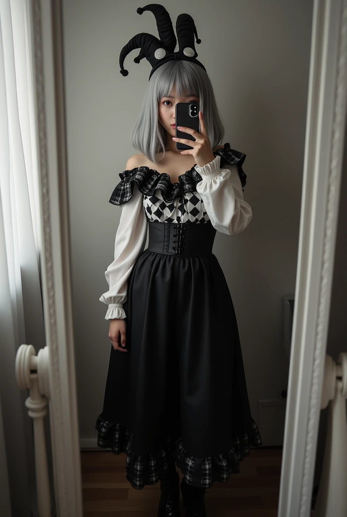 highly detailed, beautiful, hyper Realistic girl, masterpiece, best quality, Japanese sexy gravure Instagrammer, 28-years-old, identity hidden, all body shot, , takes a selfie in her room using a smartphone in front of a mirror with one hand, fashion model Posing, standing, looking away from the camera, /// gray arranged hair, light color eyes, Realistic skin, Detailed face, /// sexy Pierrot Costume, Opt for a fitted corset bodice with black and white diamond patterns, accentuating the waist, Layer with a ruffled, off-the-shoulder blouse in contrasting black and white hues, adorned with oversized bows for a whimsical touch, Pair with high-waisted black maxi skirt, featuring exaggerated ruffles or pleats for added volume and drama, Accessorize with black and white striped stockings or tights, and patent leather ankle boots with oversized buckles for a modern twist on classic clown footwear, arranged gray hair, /// Monotone simple modern taste single room, mirror, complicated background