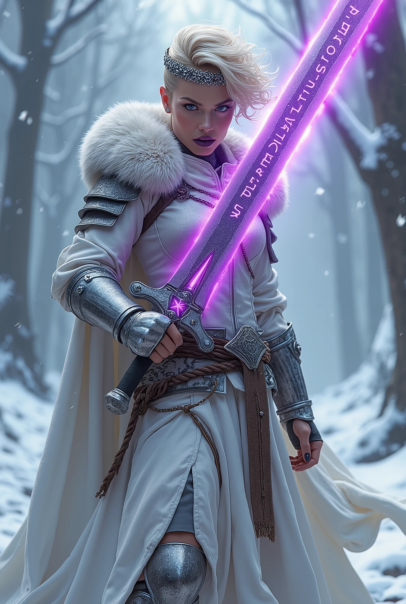 ((upper torso, armored female barbarian savage, battle worn white lacquered gloss armor:1.6, fur, white cloak, ((((supermodel, triangularface, pointed chin)), short curly [bright blonde hair:tan hair:0.7], black lips))), iceblue eyes, blackout eyeshadow, iron tiara), braids, massive glowing purple rune engraved sword, windy, outdoor frozen snow snowy forest, dynamic battle pose, lunging, side view
