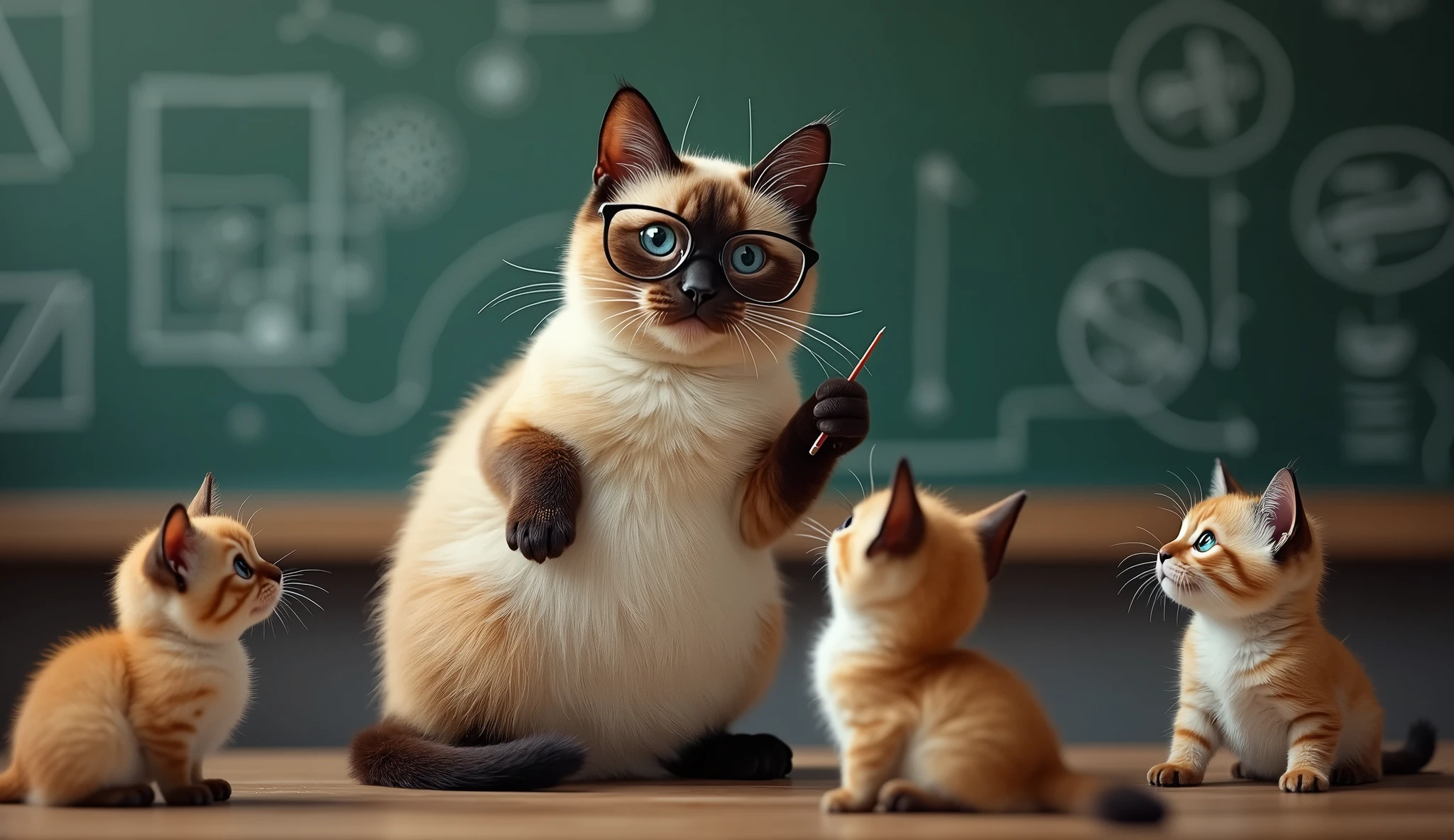 a siamese fat cat standing in front of a chalkboard, teaching a group of kittens, pointing at a diagram, wearing glasses, photorealistic, highly detailed, 8k, professional illustration, cinematic lighting, vivid colors, whimsical, adorable, cute, dynamic pose, educational, intelligent expression, feline anatomy, soft fur, precise details, masterpiece