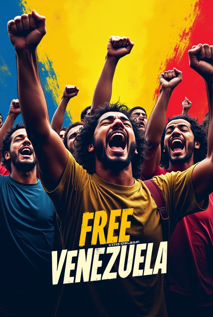 I want an image with the Venezuelan flag in the background that also includes a cover style image of people shouting freedom and a caption that has the words FREE VENEZUELA.