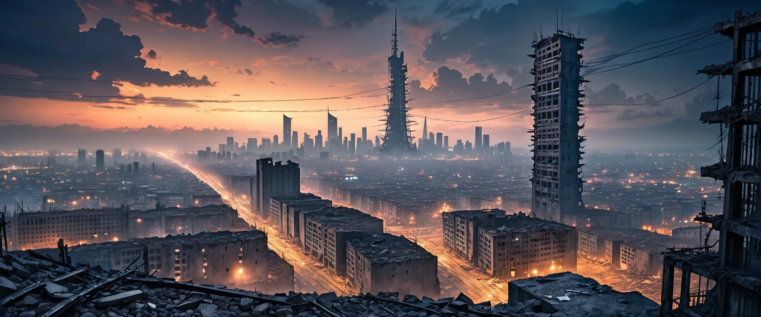 very urban city ruins with a giant tower in the middle, post apocalyptic and futuristic at the same time, high concrete wall with barbed wire, smog, Skyscrapers in the distance, big deep sky, at night
