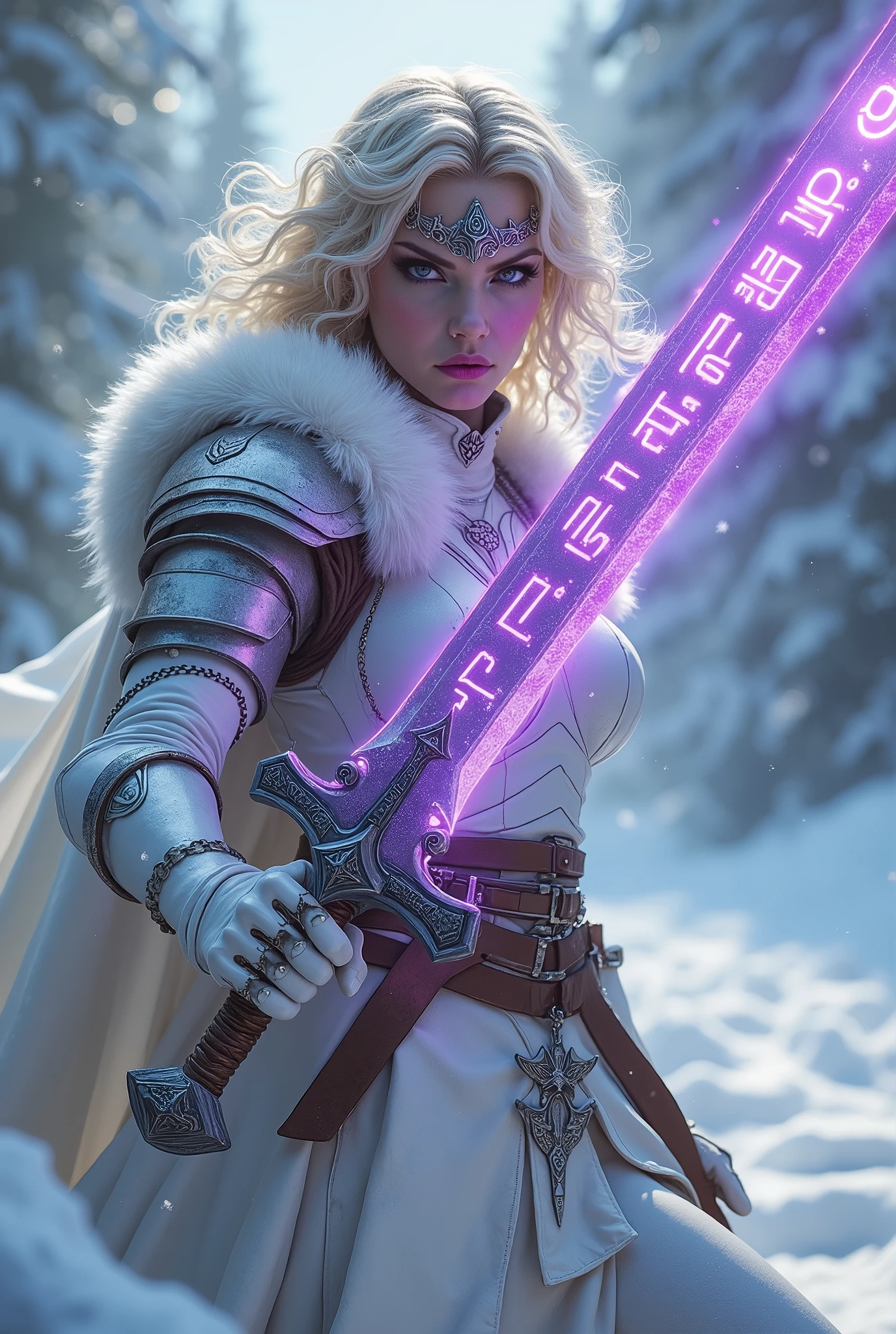 ((upper torso, armored female barbarian savage, battle worn white lacquered gloss armor:1.6, fur, white cloak, ((((supermodel, triangularface, pointed chin)), short curly [bright blonde hair:tan hair:0.7], black lips))), iceblue eyes, blackout eyeshadow, iron tiara), braids, massive glowing purple rune engraved sword, windy, outdoor frozen snow snowy forest, dynamic battle pose, lunging, side view
