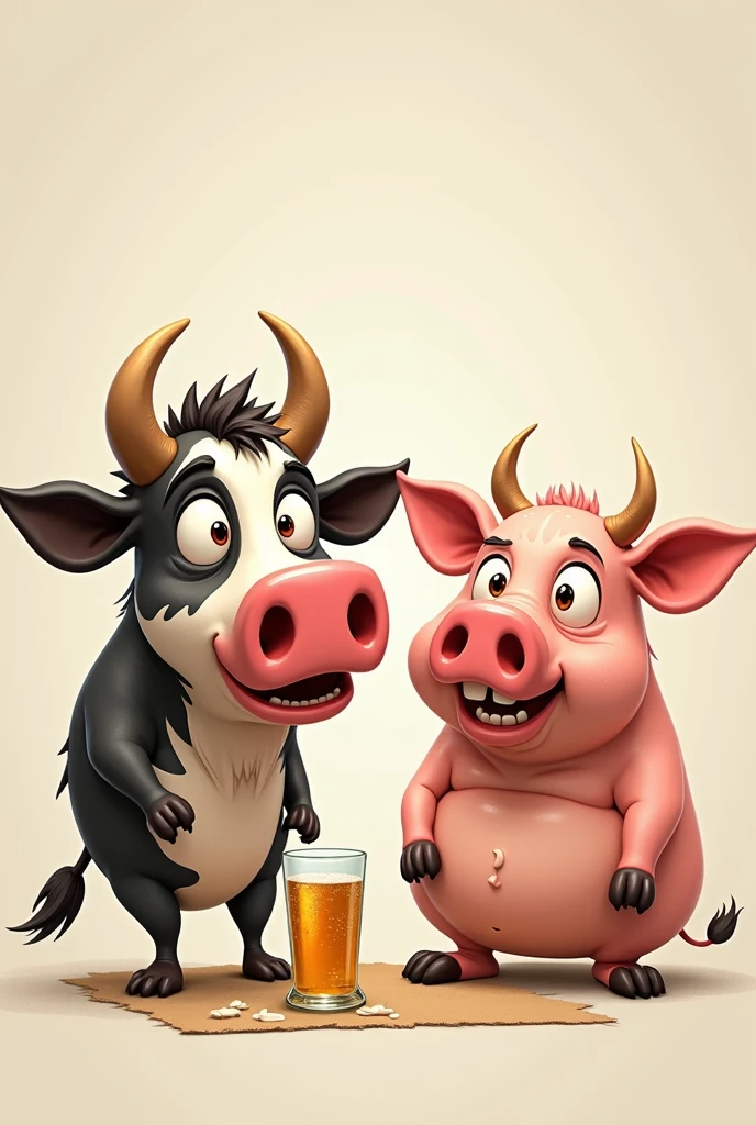 Drunken cartoon cow and pig horse heads 
