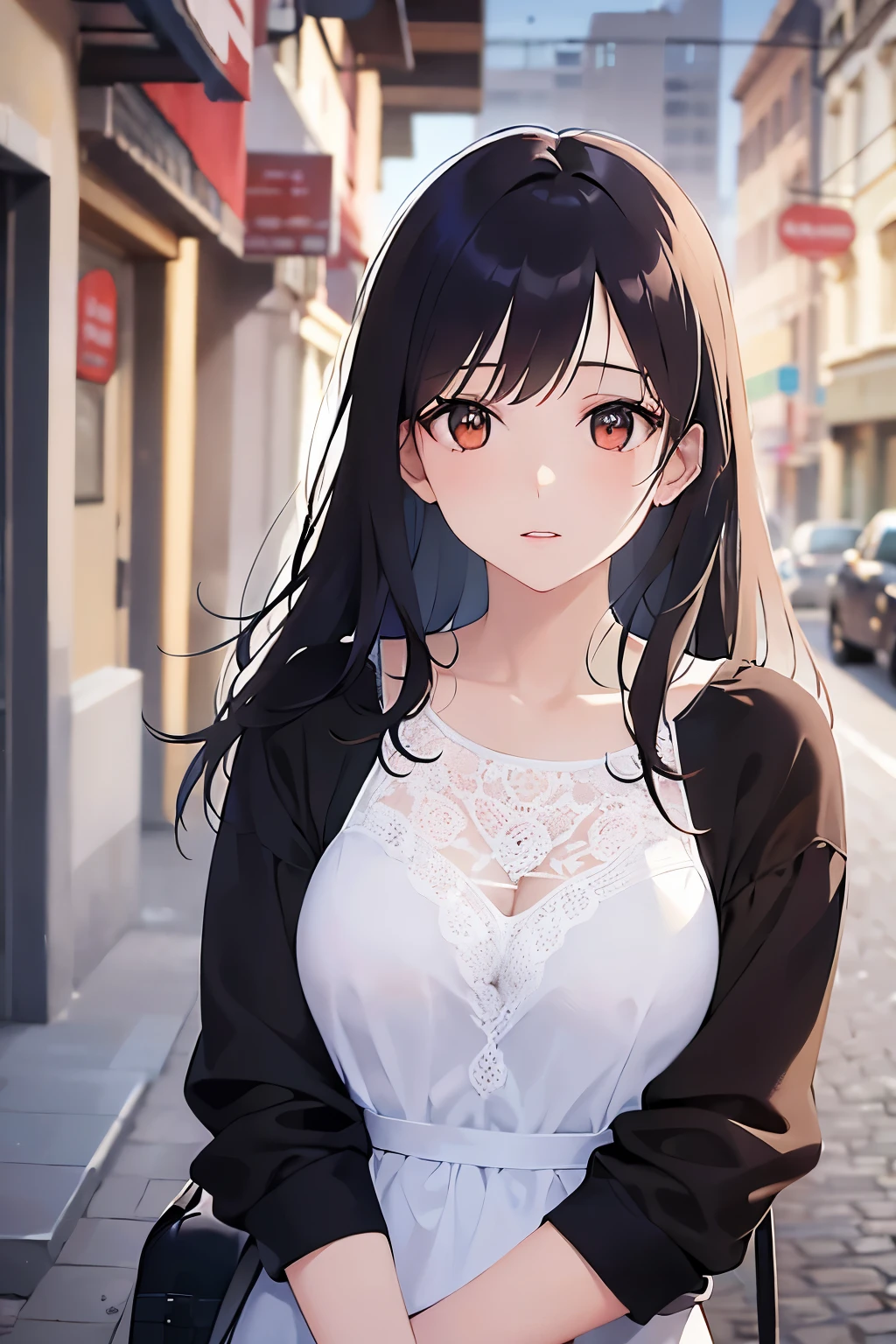 （looking away1.5）Upper Body, 
Realistic, real person, (pale skin: 1.2), RAW photo, photorealistic, shiny skin, shiny hair、(A 25-year-old woman with medium-length hair and bangs) and (wavy hair) and (brown hair) and (orange eyes) ,
White camisole dress、
worried,In town、(alone:1.5)