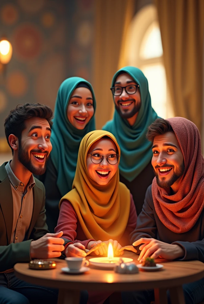 ((3 man sitting), (3 hijabbed woman)), caricaturized, fantasy art, happy expression, extreme detail, masterpiece, cinematic lighting, 4k, indoor background