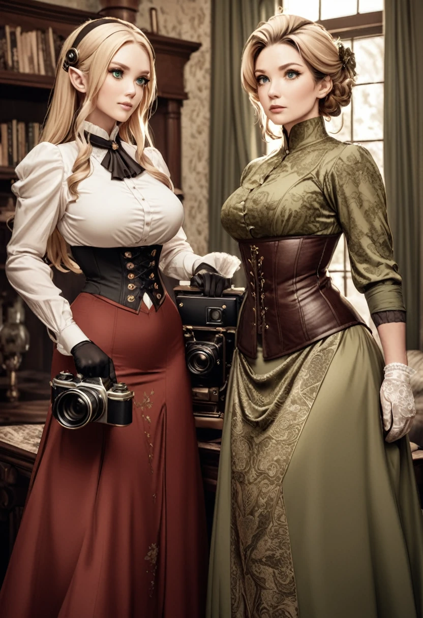 Sophisticated elf woman, steampunk, dress , in a country manor, muted colors, sephia filter, mature, well endowed bust, Victorian era, detailed eyes, well bred, refined lady in waiting, bare headed, long blond hair, emerald green eyes , long skirt, blouse, underbust corset, taller then camera, milf, leather corset, embroidery on clothes, matured woman, sexy, powerful, red clothes with gold accents