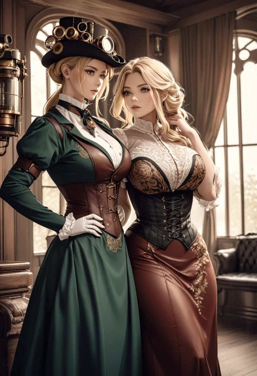 Sophisticated elf woman, steampunk, dress , in a country manor, muted colors, sephia filter, mature, well endowed bust, Victorian era, detailed eyes, well bred, refined lady in waiting, bare headed, long blond hair, emerald green eyes , long skirt, blouse, underbust corset, taller then camera, milf, leather corset, embroidery on clothes, matured woman, sexy, powerful, red clothes with gold accents 