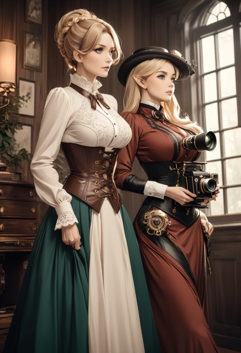 Sophisticated elf woman, steampunk, dress , in a country manor, muted colors, sephia filter, mature, well endowed bust, Victorian era, detailed eyes, well bred, refined lady in waiting, bare headed, long blond hair, emerald green eyes , long skirt, blouse, underbust corset, taller then camera, milf, leather corset, embroidery on clothes, matured woman, sexy, powerful, red clothes with gold accents 