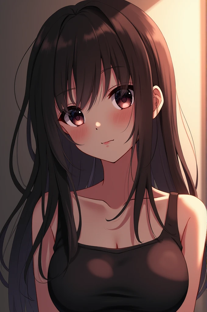 anime style girl, long dark brown hair, dark eyes, high